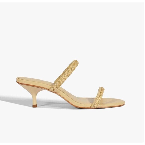 Schutz Taliah Mid Woven Leather Kitten Heel Sandal Strappy Tan Women's Sz 7 New - Picture 3 of 9